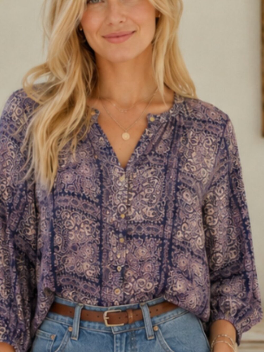 Akemi + Kin Anthro Coconino Purple Patchwork Blouse, XSP, Boho, Cottage, Hippie